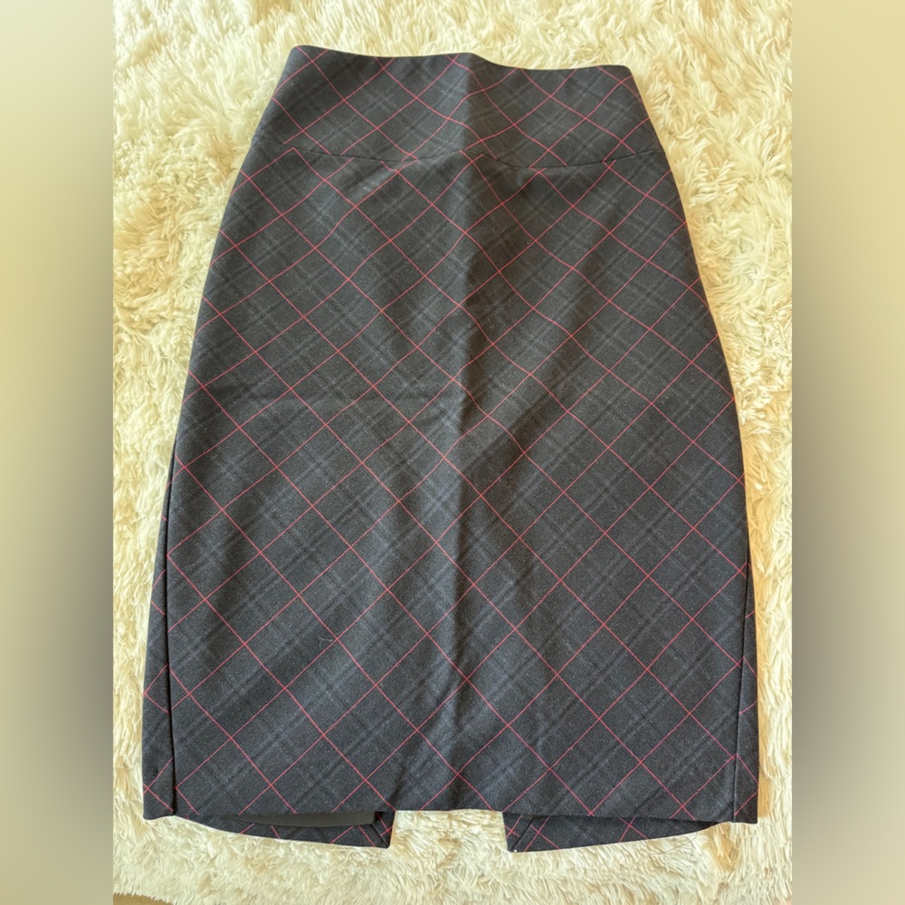 Express Charcoal and Red Plaid Midi Skirt